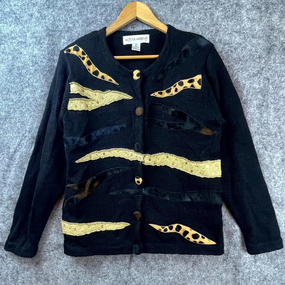 Vintage Victoria Harbour Cardigan Sweater Womens S Black Sequin Cheetah Mob Wife